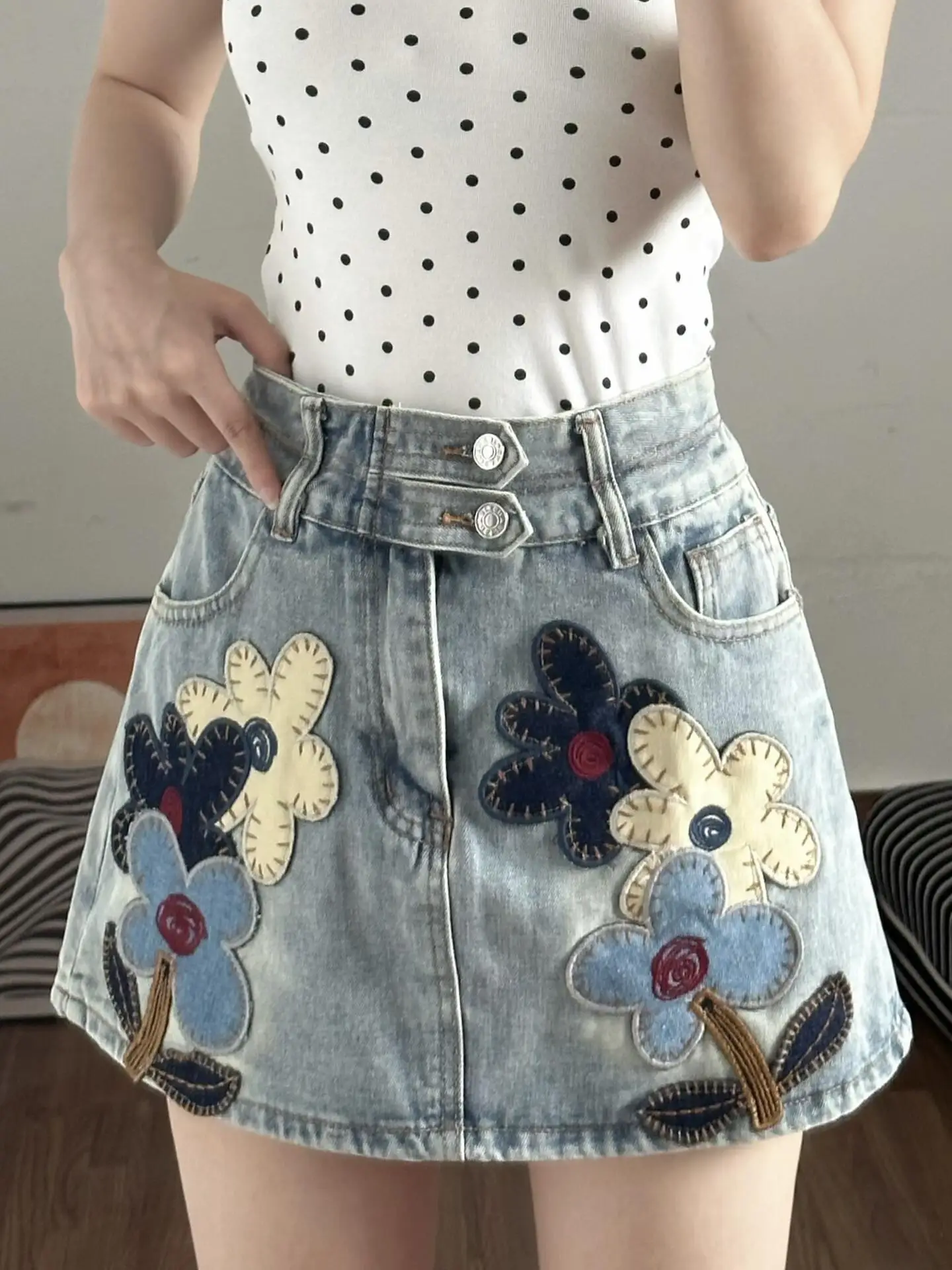 

Light Blue Embroidered Denim Skirt Women's High Waist Slimming A-Line Half Skirt Summer New Style Prevent Exposure