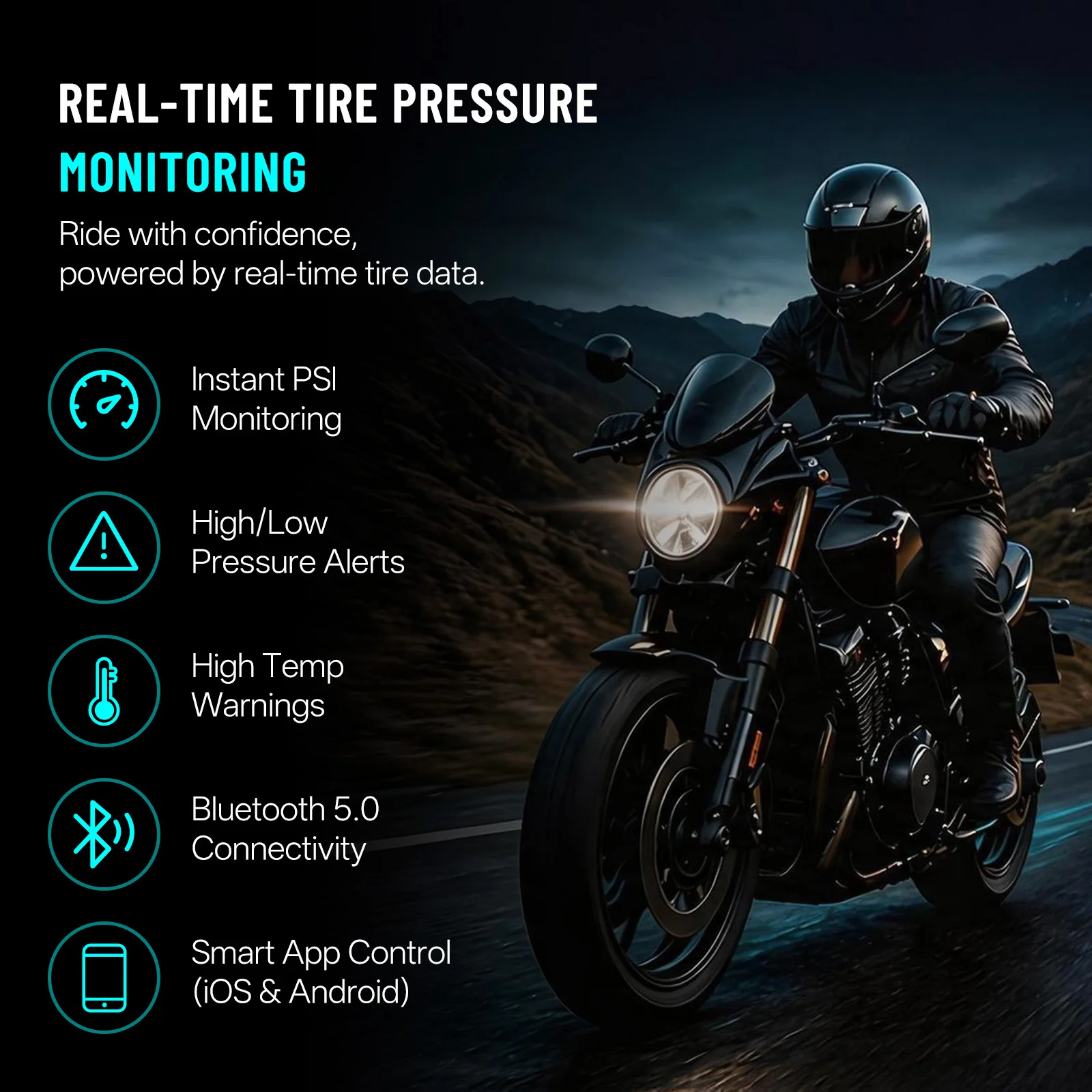 Diojran Motorcycle TPMS, Wireless Bluetooth 5.0 Connect to Phone APP, Real-Time Tire Pressure & Temperature Display with Alarm