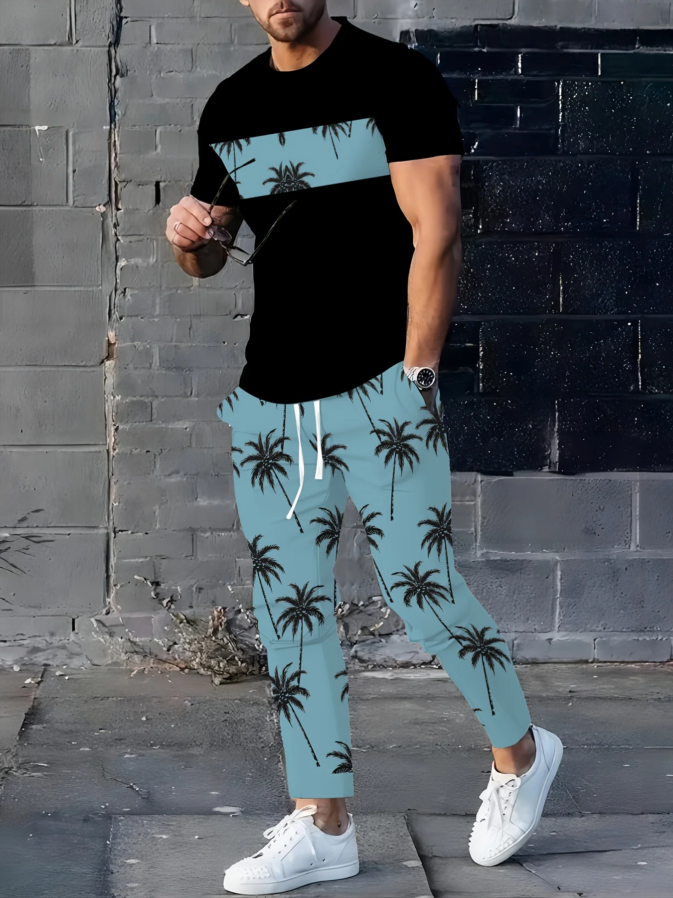 

The 2025 Summer new street casual fashion simple men's set features 3D coconut tree prints that are soft and comfortable