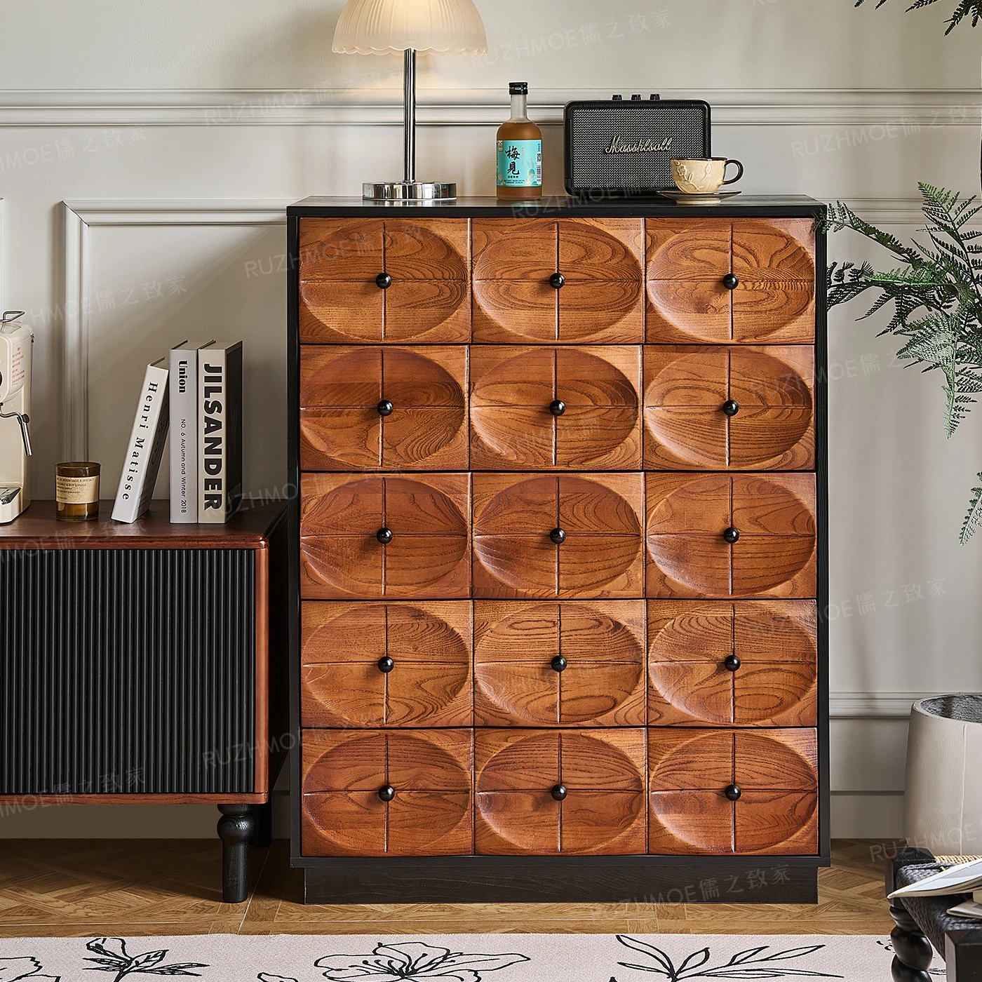 French retro vertical cabinet household living room chest of drawers bedroom against the wall two-color medium and antique