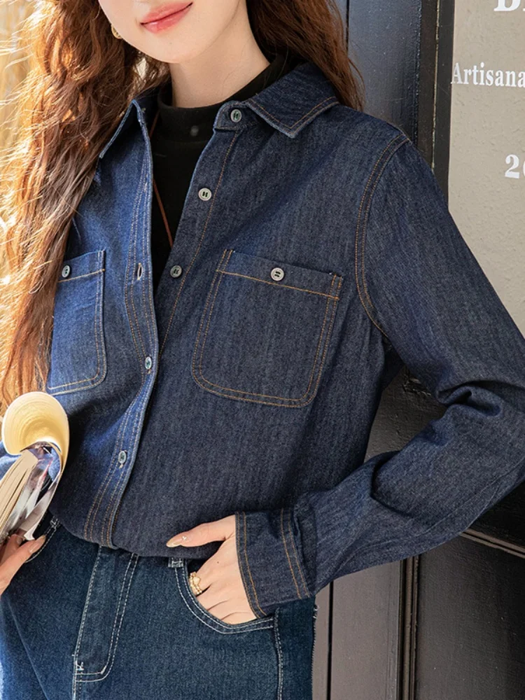 Retro Denim irt Women's New Sle Autumn 2025 Faion Unique Exquisite Top Layered Wear Inner Match Base irt Coat