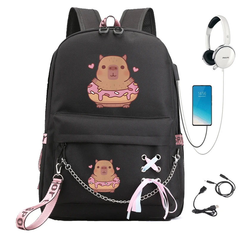 Modny plecak szkolny dla nastolatków plecak śliczny pączek kapibara uczniowie tornister dla dzieci Anime Cartoon Bag pack torba z portem Usb