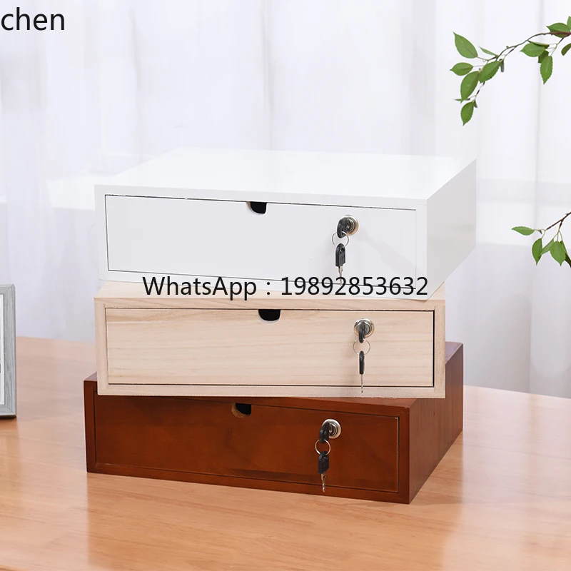 Desktop Storage Box Drawer-Type Wooden Organizer Multi-Layer Document Home Use Lockable Storage Box