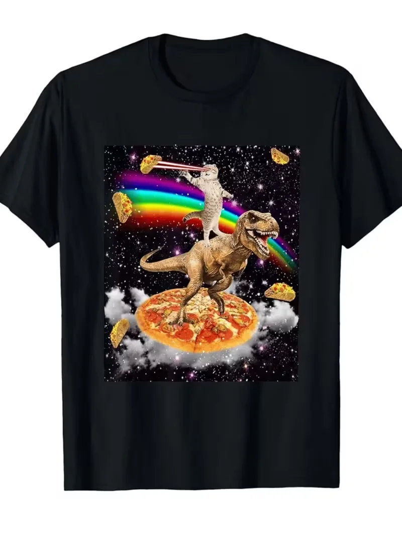 Casual Short-Sleeve T-Shirt with Cat Riding Dinosaur Trendy Print - Summer Round Neck Tee , Regular Fit for Casual Wear,Leisure
