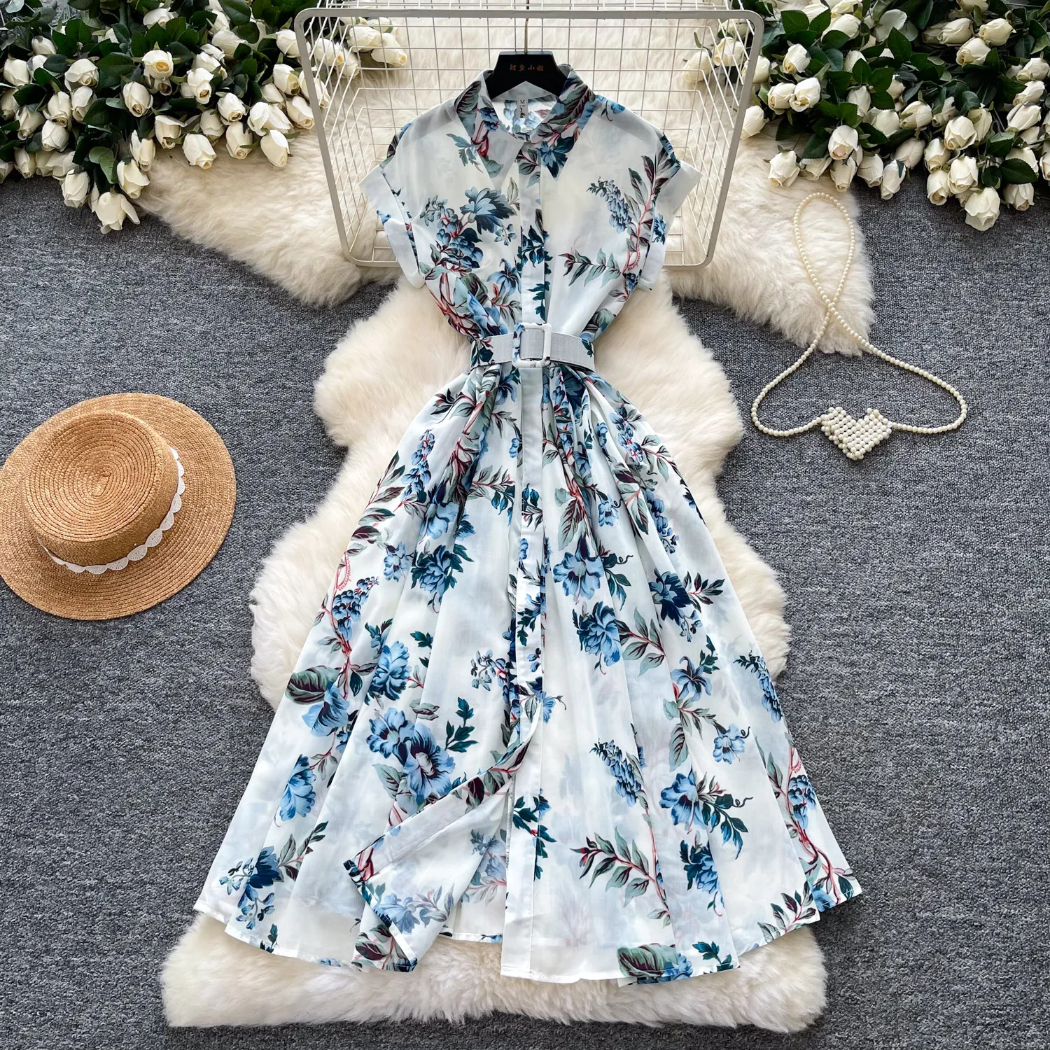 French Retro Fashion Style Print Dress Women Sleeveless Commute Light Mature Style Shirt Daily Casual Street Women Long Dress