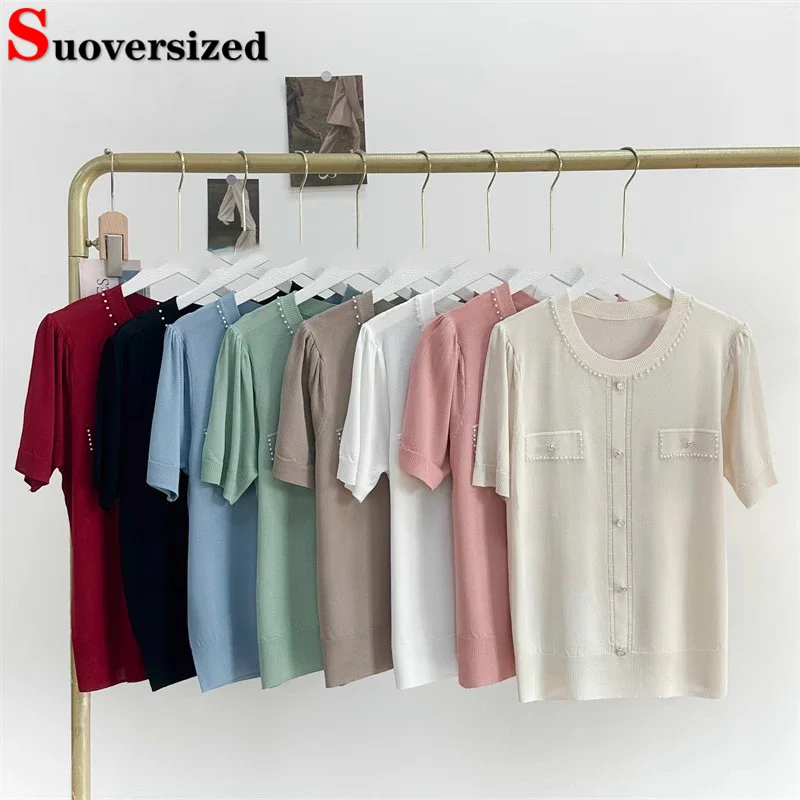 เสื้อถักไหมพรมแขนสั้นผ้าไอซ์ซิลค์ลำลองใหม่ atasan rajut ฤดูร้อนพร้อมลูกปัดเสื้อยืดคอกลมคอกลมสุดหรูสำหรับผู้หญิง