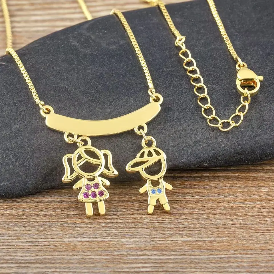New Design Girl And Boy Pendant Women Copper Zircon Copper Necklace Jewelry Family Daughter&Son Mother Birthday Gift