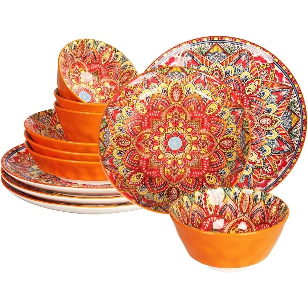 

Набор столовой посуды YA JU Mandala из 12 предметов на 4 предмета, в стиле буфета с богемными тарелками и мисками, включая 8 салата и 10 ужинов