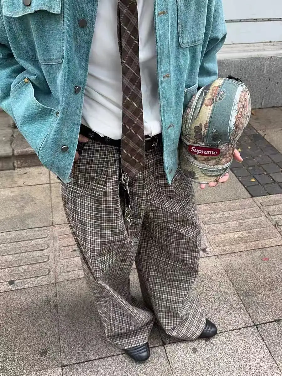Men's Retro Checkered Pattern Casual Suit Pants Spring Commuting Style Cool Boy Sweatpants Male Personality High Waist Trousers