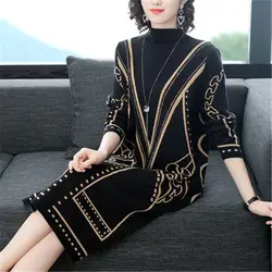 Autumn Winter Geometric Knitted Midi Dress Basic Vintage Half High Collar Women's Clothing Straight Casual Long Sleeve Dresses