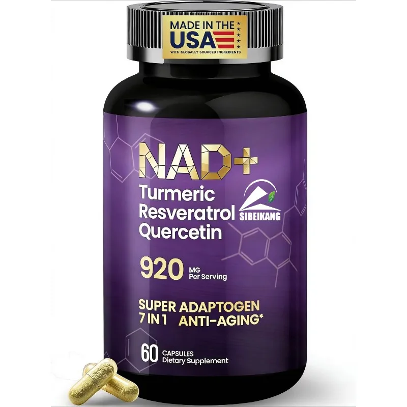 NAD+supplement capsules contain resveratrol, turmeric, quercetin, biotin cell energy, anti-aging skin health support