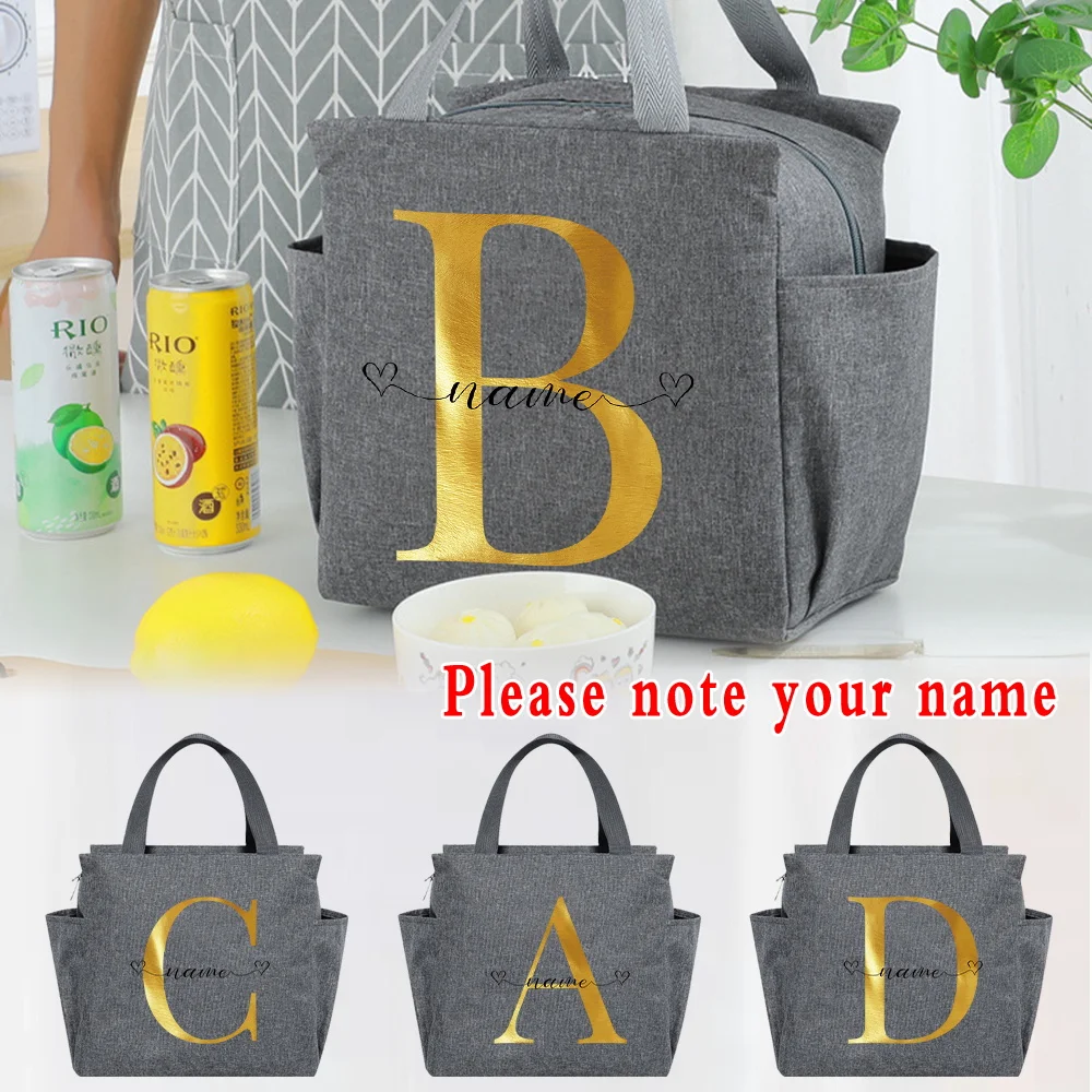 Multifunction Thermal Lunch Bags Custom Name Black Letter Portable Women Lunch Box Large Capacity Cooler Bag Picnic Food Bag