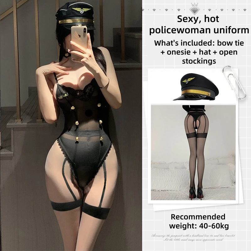 Nachtclub Spitze OL Stewardess Sexy Unterwäsche Polizistin Uniform Set Cosplay schwarze Seide verführerische Damenpyjamas L574