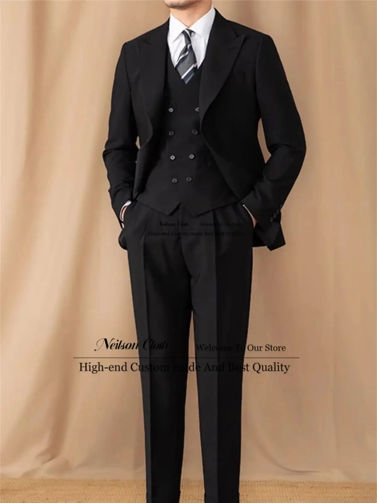 

Formal Black Slim Fit Male Prom Blazers 3 Pcs Sets Peaked Lapel Groom Wedding Tuxedos Groomsmen Customized Terno Masculino