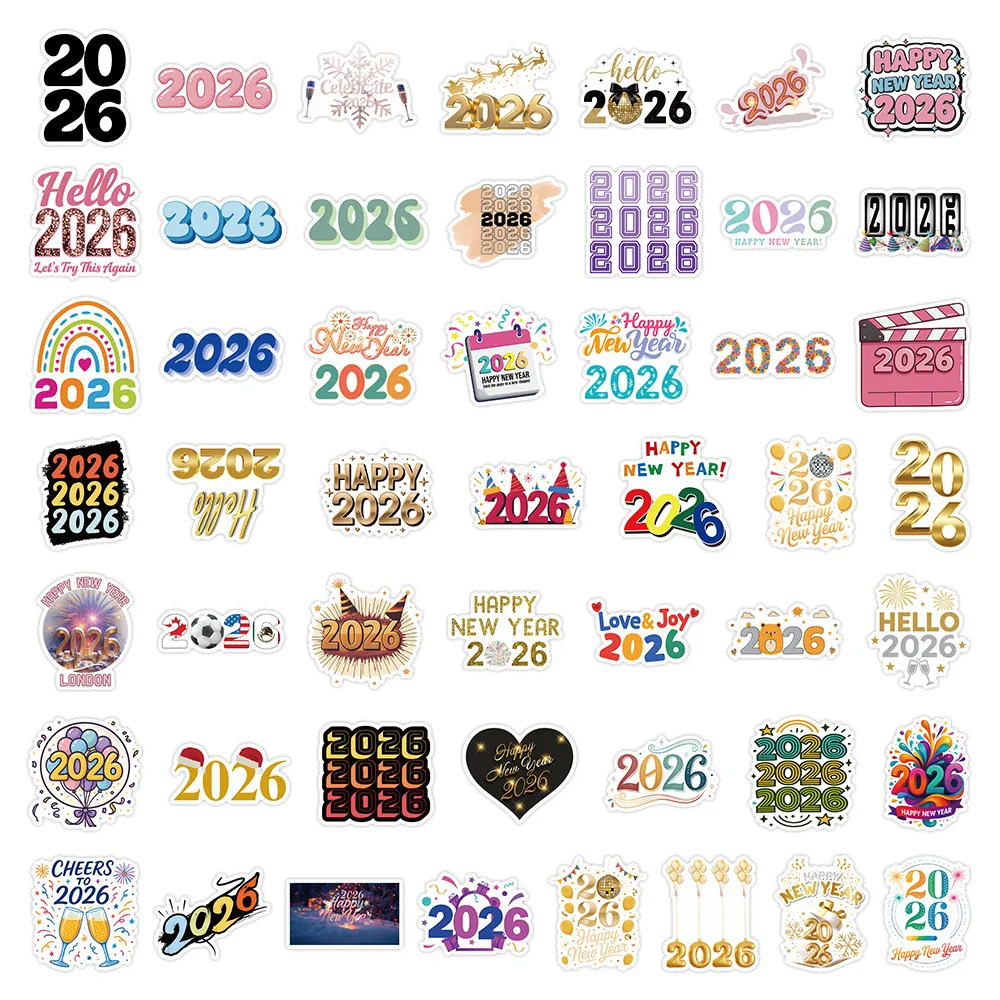 54 قطعة الكرتون 2026 سنة جديدة سعيدة ملصقات أرقام رسائل الكتابة على الجدران الديكور دفتر حقيبة الغيتار الثلاجة الشارات اللعب
