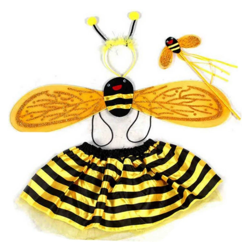 Kid Cosplay Costume Set Bee Glitter Cute Wing Striped Layered Tutu Skirt Wand Headband Dress Up Halloween performance Outfit