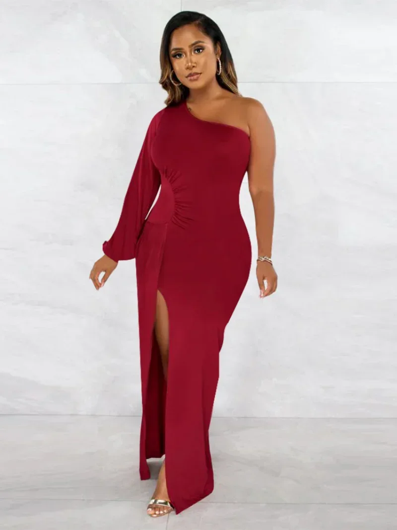 KEXU-Vestido largo ajustado de manga larga con cuello oblicuo, vestido Sexy con abertura lateral alta para fiesta nocturna, ropa de discoteca, vestidos largos para mujer