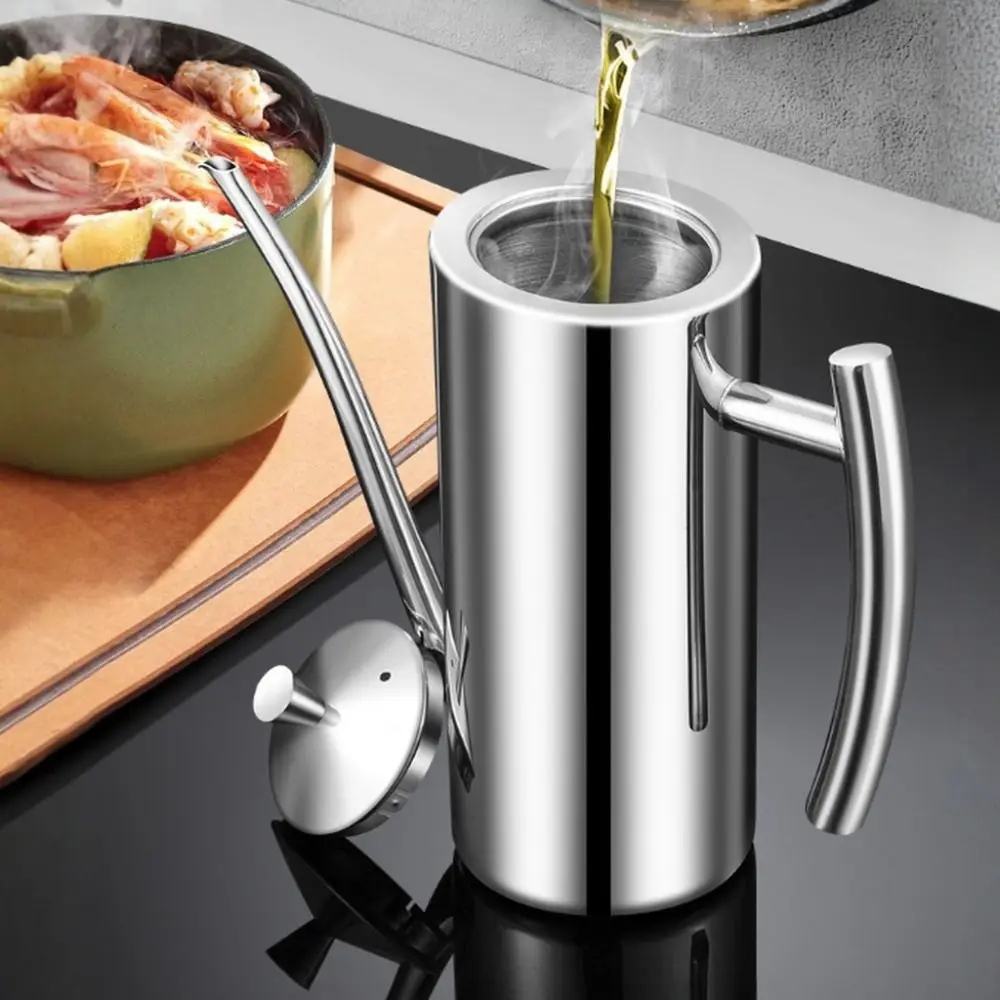 Drip-Proof 304 Stainless Steel Oil Pot Integrated Dust-Proof Vinegar Dispenser Mirror-polished Large Capacity Kitchen Oil Bottle