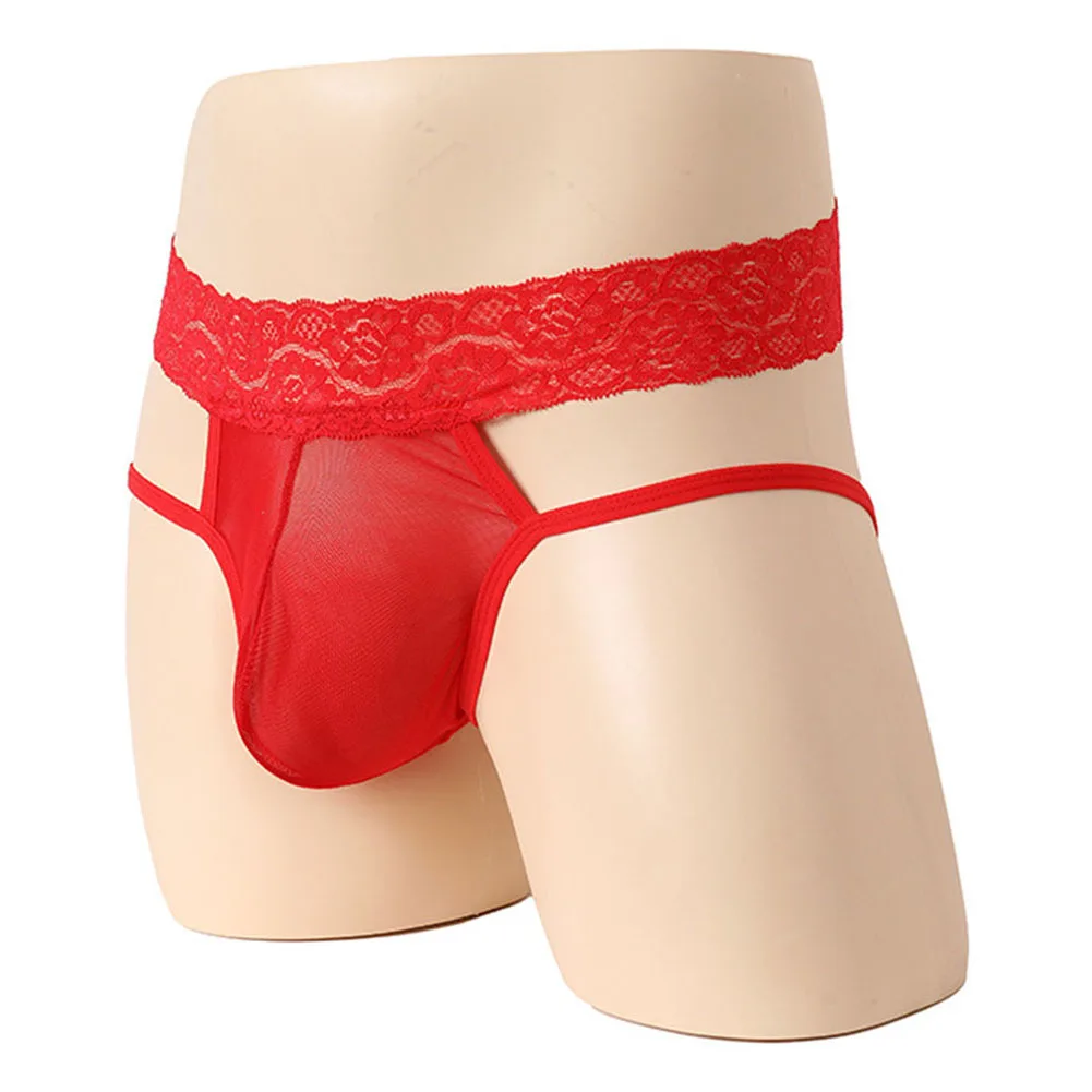 

1pc Sexy Men's Lace Thongs Briefs See Through Bulge Pouch Underwear Low Waist G-Strings Open Rear Male Panties Lingerie