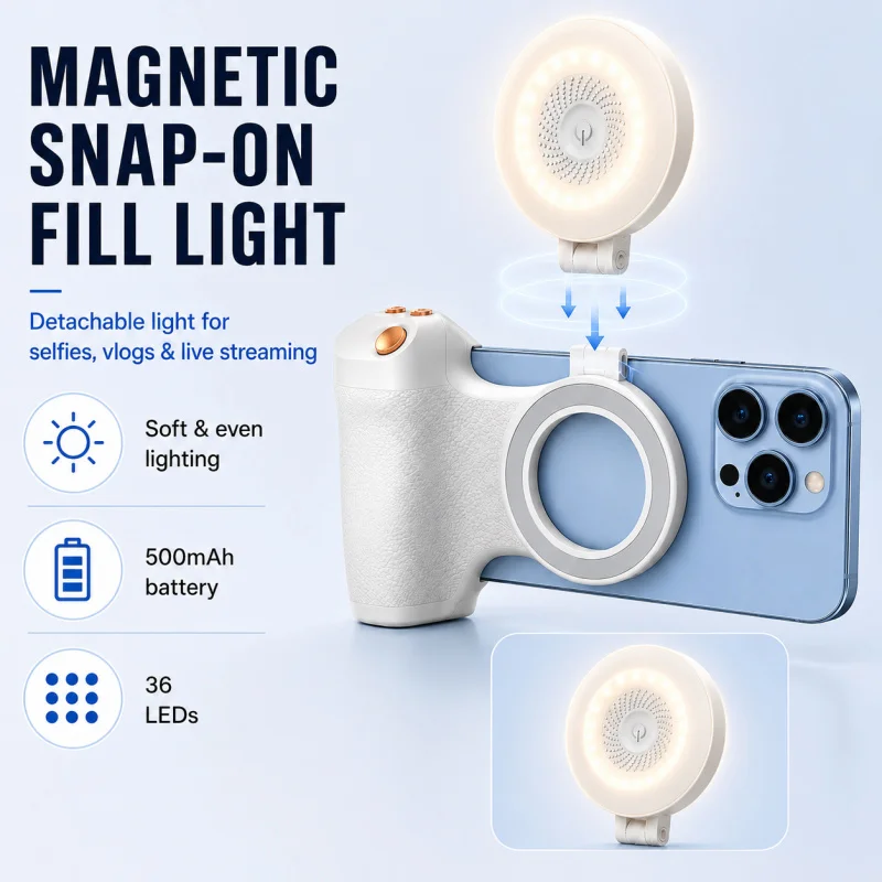 KM06 Magnetic Phone Camera Grip Stabilizer, Bluetooth Remote Shutter with Zoom Control, Anti-Shake Handheld Smartphone Photograp