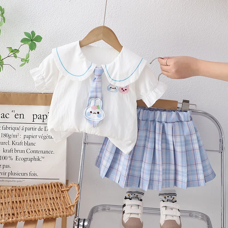 Kids Clothing Set 2024 Summer Baby Girl Clothes 2 To 3 Years Lovely Turn-down Collar Short Sleeve Shirts and Skirts Girls Suit