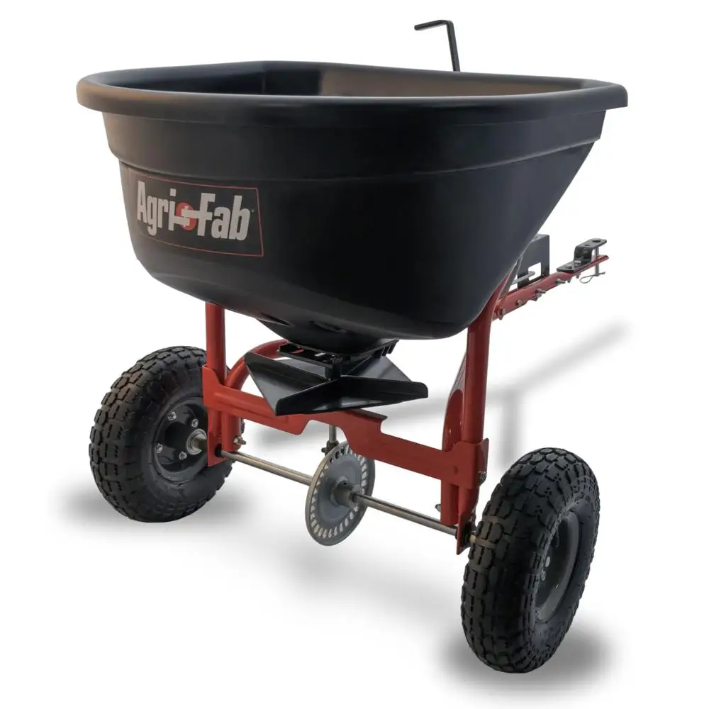 110lb Tow-Behind Lawn & Garden Broadcast Spreader Seed Fertilizer Salt Melt Made in USA Rustproof Pneumatic Tires 10-ft. spread