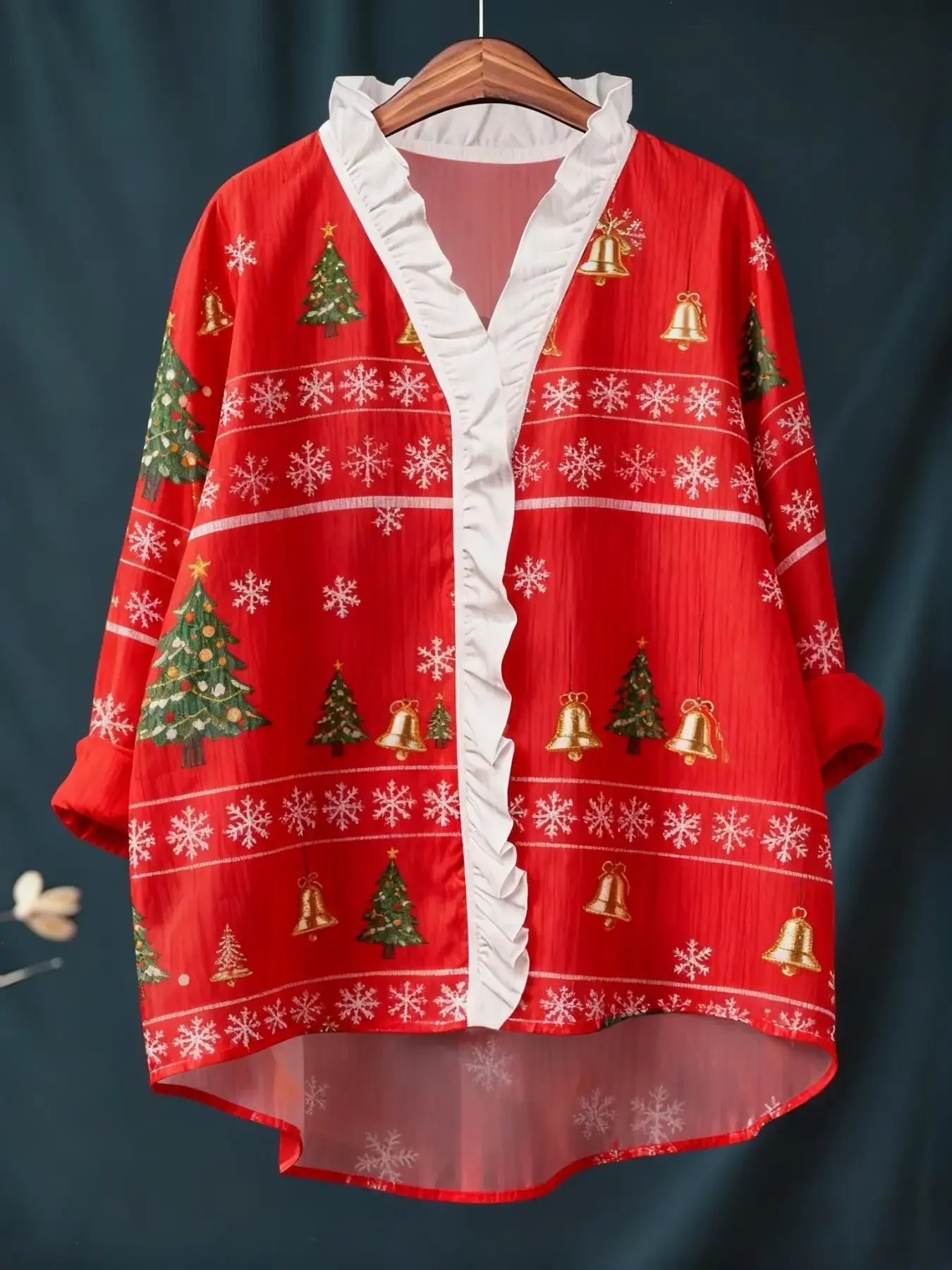 New women's Christmas digital printed long sleeved shirt with ruffled collar, loose fit, versatile and practical to wear