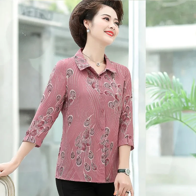 Spring And Summer Middle-aged And Elderly Loose Silk Satin Casual Shirt Women's Three-quarter Sleeve Printed Button Shirt Top6XL
