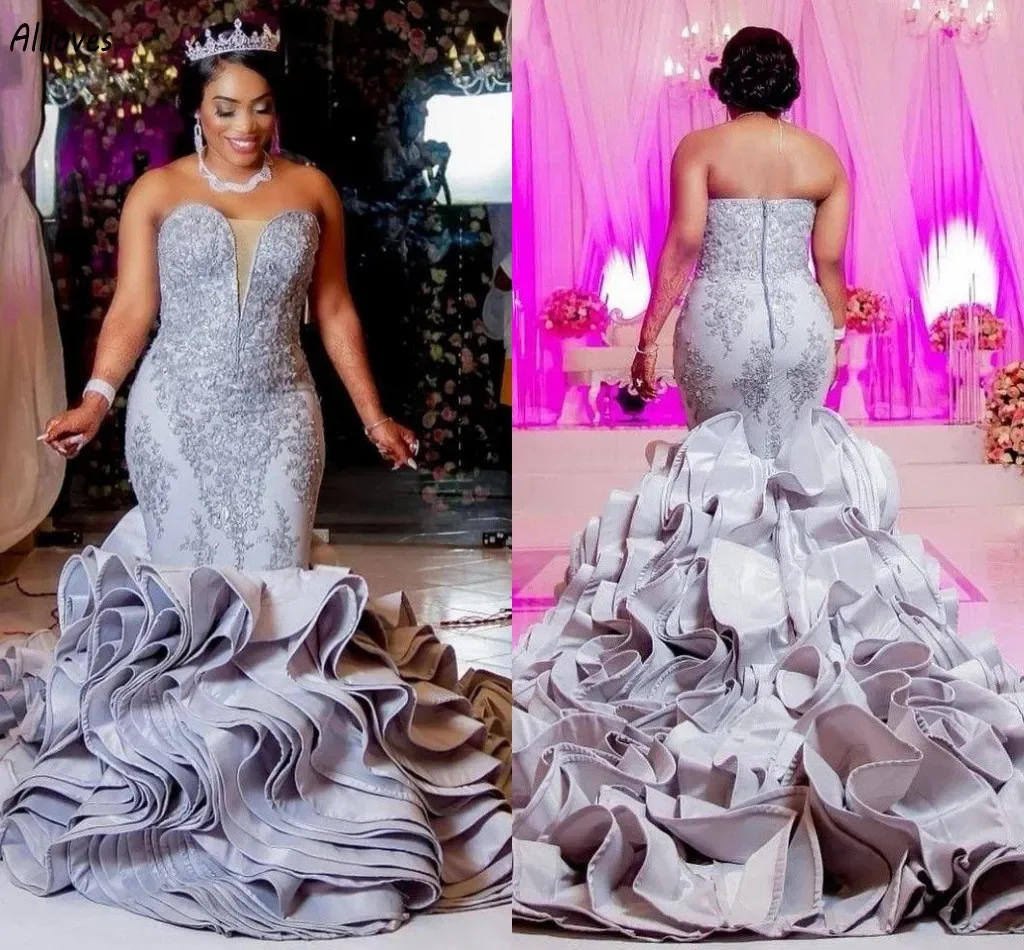

Customized Ruffles Mermaid Wedding Dresses Sweetheart Lace Appliqued African Girls Bridal Gowns Long Chapel Train Plus Size Brid