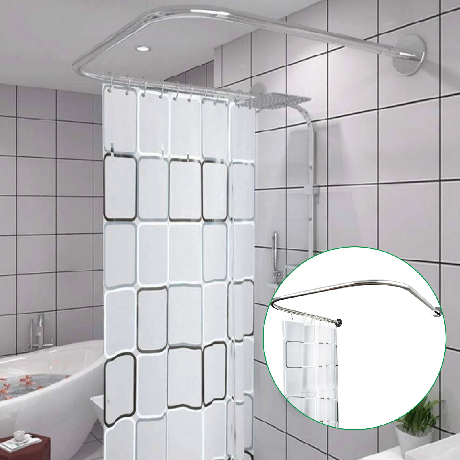 Shower Curtain Rail U-Shaped Shower Curtain Rail with Shower Curtain, Angle Rod Shower Curtain Set for Bathroom