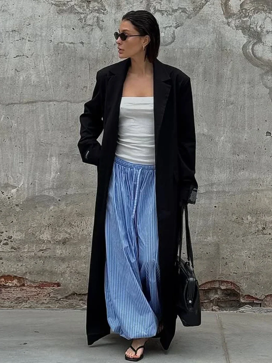 New Women's Cotton Thin Striped Baggy Lantern Pants  Fashion Elastic Waist Casual Streetwear Trousers