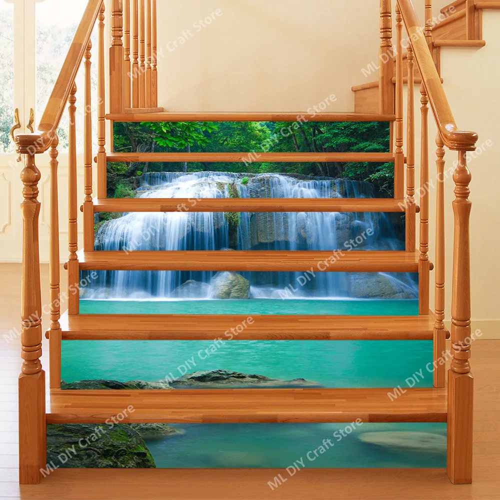 Living Room Waterfall Flowing Water Imitation 3D Landscape Wall Sticker Self-adhesive Step Decoration PVC Staircase Sticker