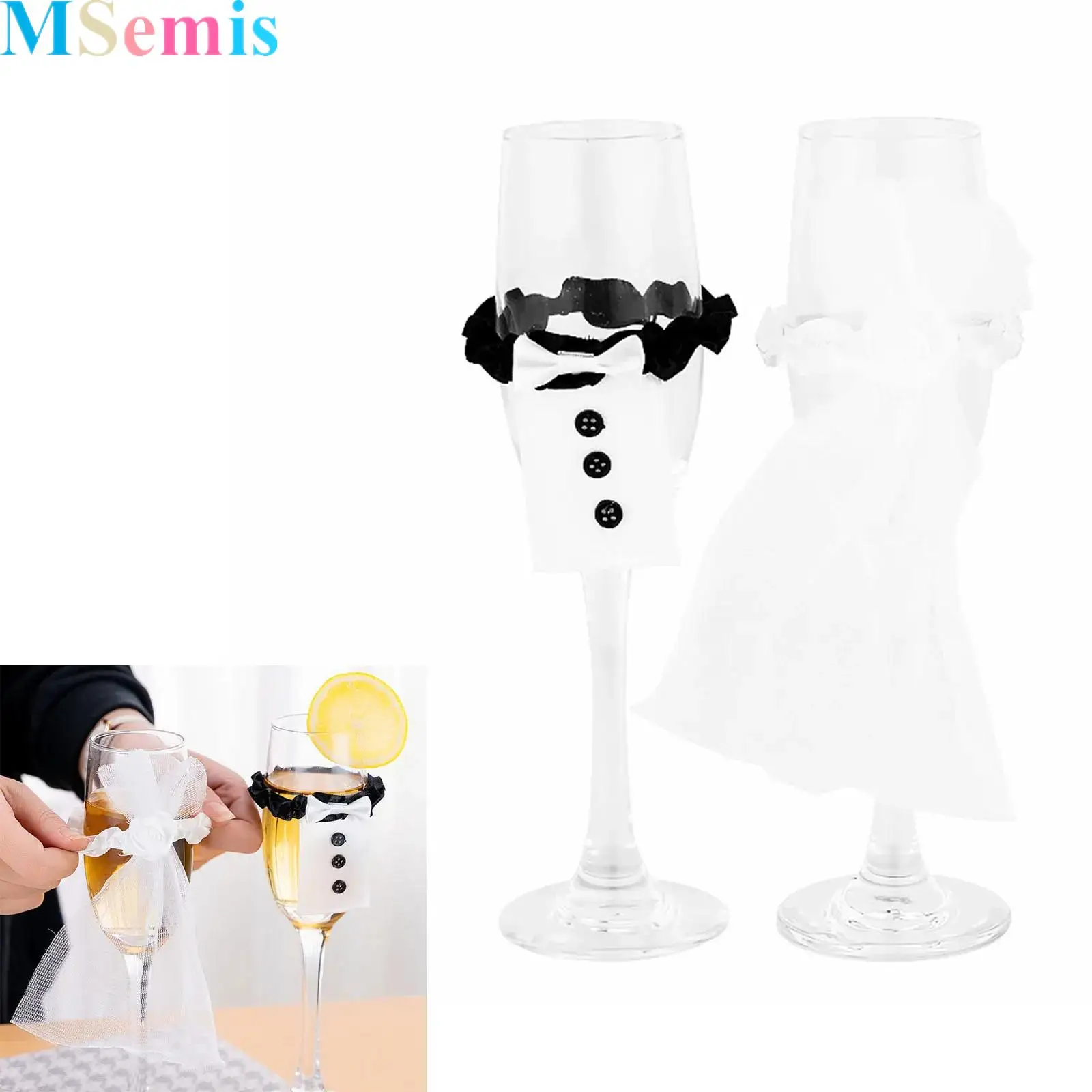 

1 Set Bride And Groom Wine Glasses Covers Wine Bottle Dress-Up for Weddings Gifts Wedding Centerpieces Decorations
