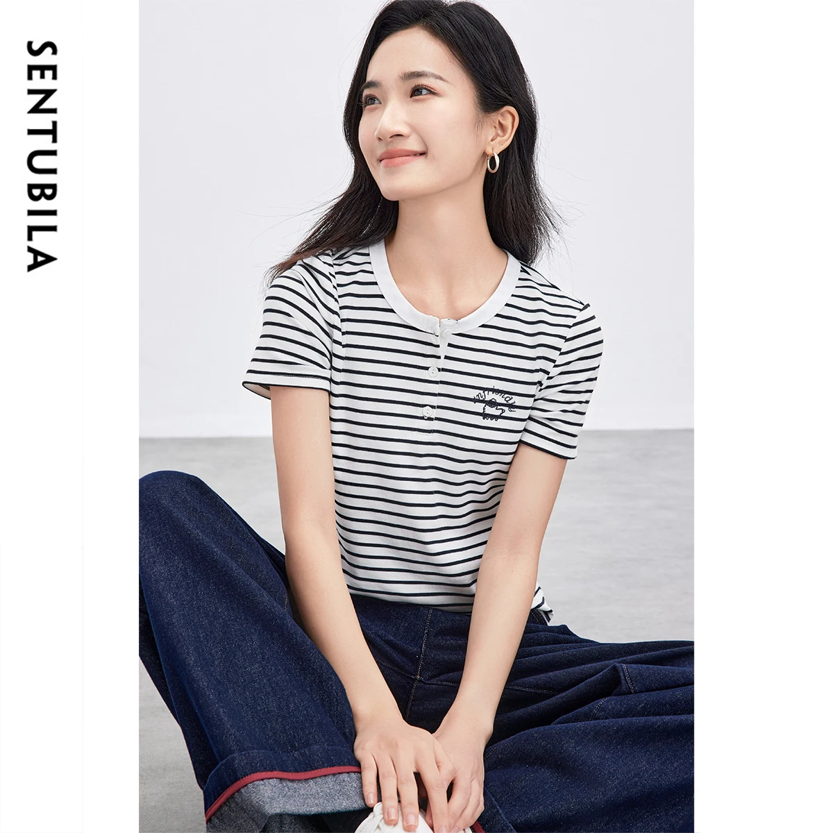 

SENTUBILA Summer Striped T-shirts Women 2025 Casual O Neck Button Short Sleeve Top Embroidery Comfort Women's Clothing 152T59302