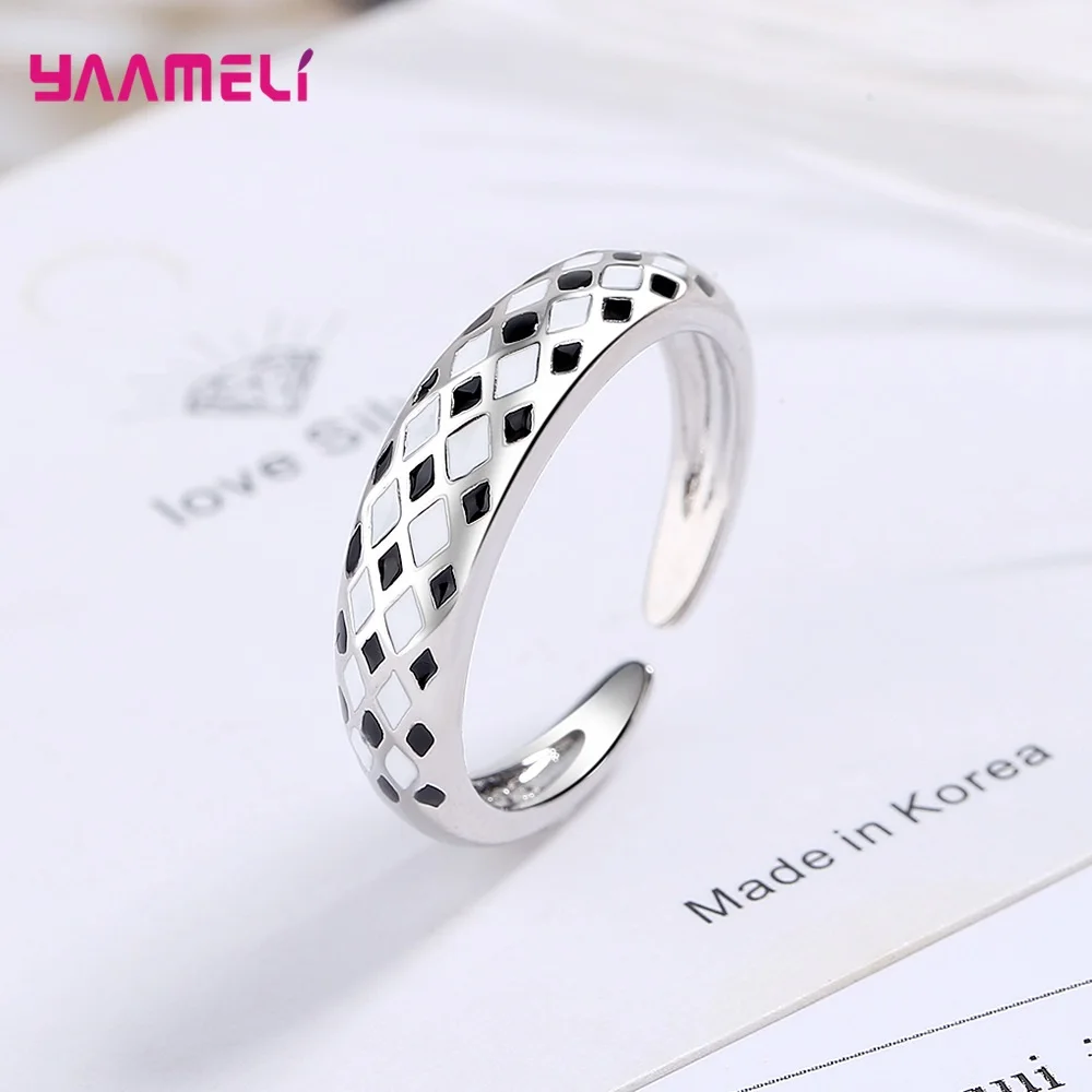 925 Sterling Silver Color Jewelry Open Adjustable Rings for Women New Sweet Chessboard Black and White Enameled Design