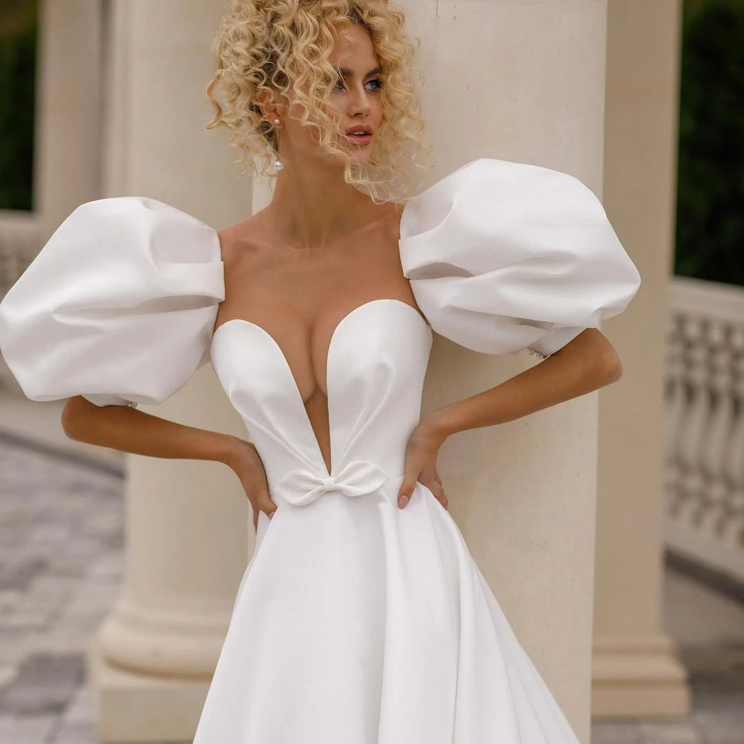 Eightree Sexy Brautkleider A-Line Satin Liebsten Braut Kleid Weiß Laterne Hülse Prinzessin Hochzeit Abendkleider Plus Größe