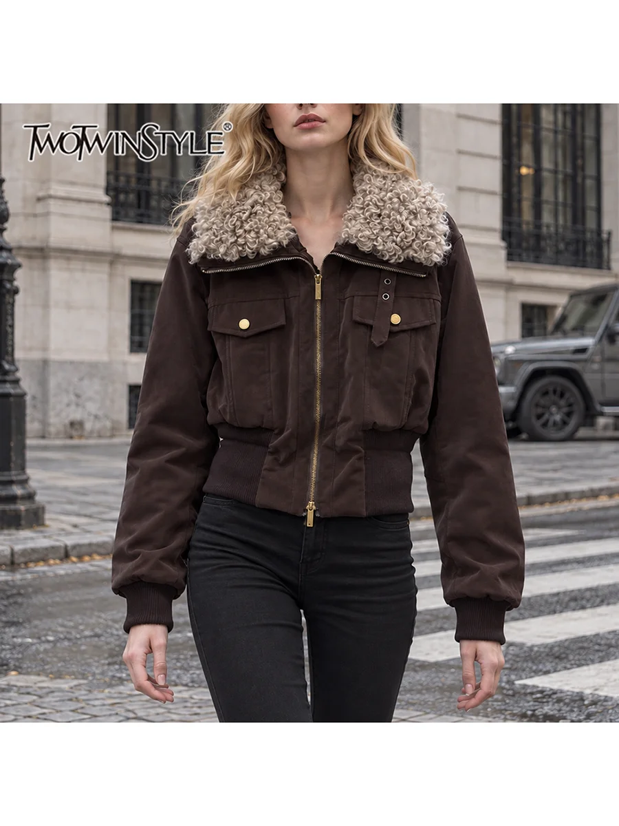 TWOTWINSTYLE Fluffy Spliced Button Slimming Coat for Women Lapel Collar Long Sleeve Patchwork Zipper Pocket Jacket Female Style