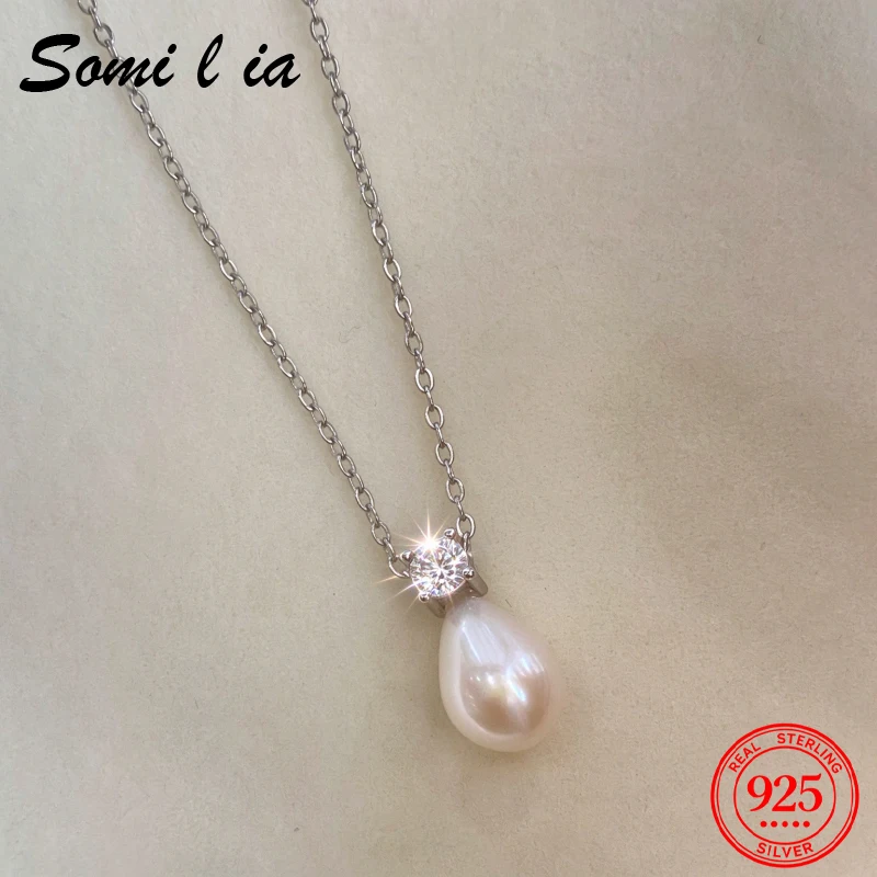 SOMILIA Classic Elegant S925 Sterling Silver 5A Shiny Zircon Teardrop Pearl Necklace Women Clavicle Chain