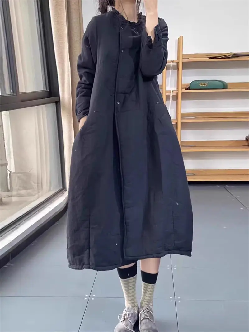 Cotton Padded Jacket Women's Autumn Winter Literary Retro Loose Fitting Casual Versatile Temperament Quilted Coat Dress z3301