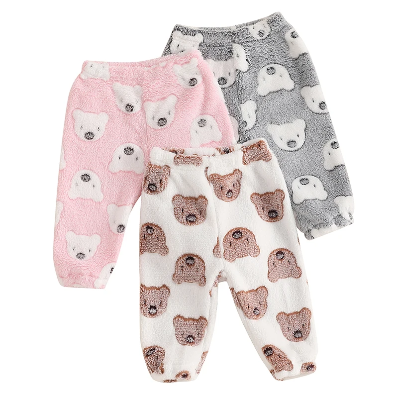 Baby Pajama Pants Elastic Waist Cartoon Bear Furry Warm Winter Lounge Pants Sleepwear