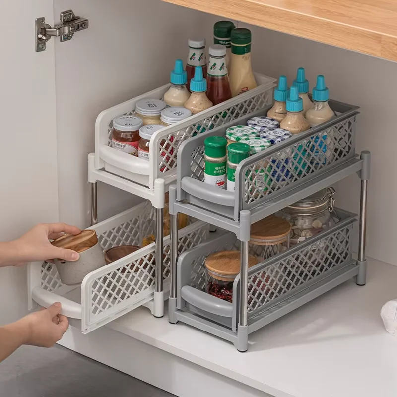 Multifunctional High Volume Double Pull-Out Shelves Plastic Shelves Drawer Under Sink Countertop Storage Rack Kitchen Supplies