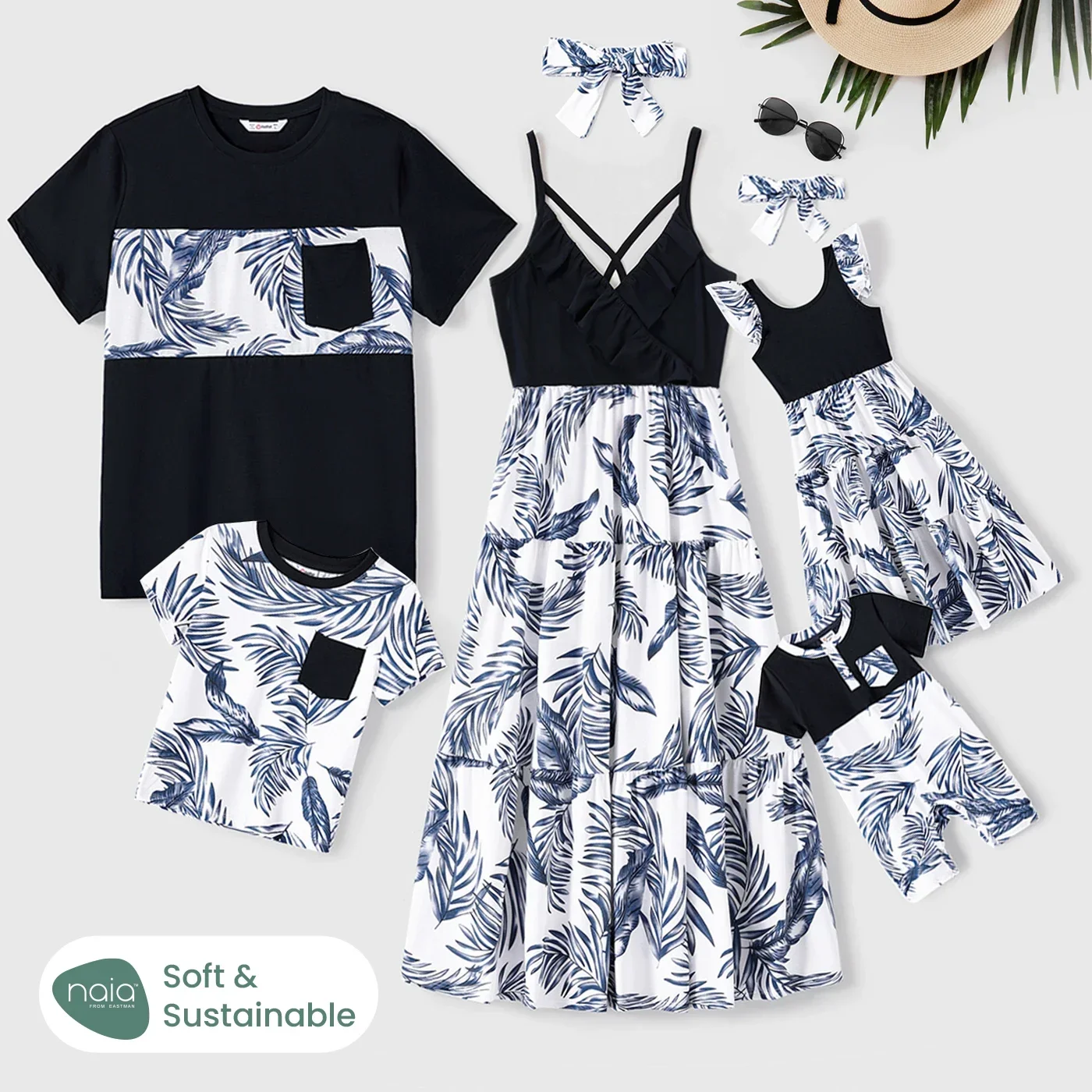 PatPat Family Matching Short-sleeve T-shirt and Plant Print Naia™ Spliced Ruffle Trim Cami Dresses Sets Suitable for Summer