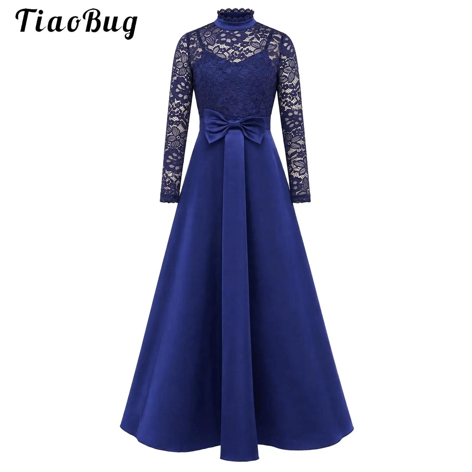 Kids Long Sleeve Floral Lace Bodice Satin Dress Flower Girls Bow Party Gown for Wedding Pageant Banquet Birthday Formal Evening