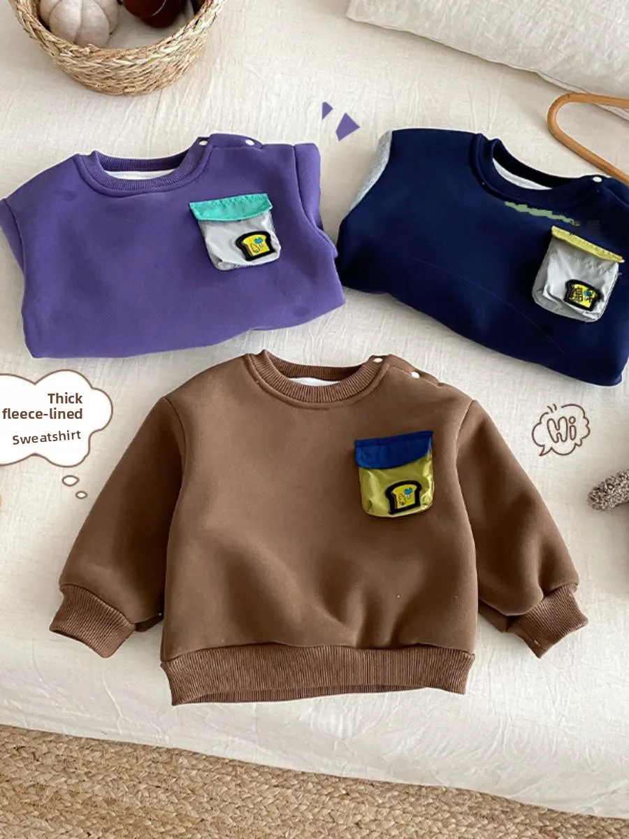 

Korean Sle Fce Lined Hoodie for Boys Winter Faion Color Blo ket Hoodie Baby Clothes Trendy Casual Sle Long Sve