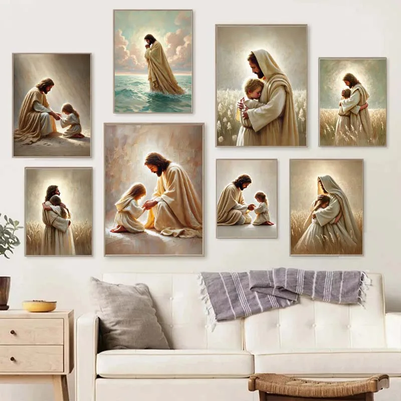 1pc frameless Canvas Painting Jesus God Lamb Angel Boy Girls Praying Bible Poster and Prints Christian Canvas Printing Wall Art