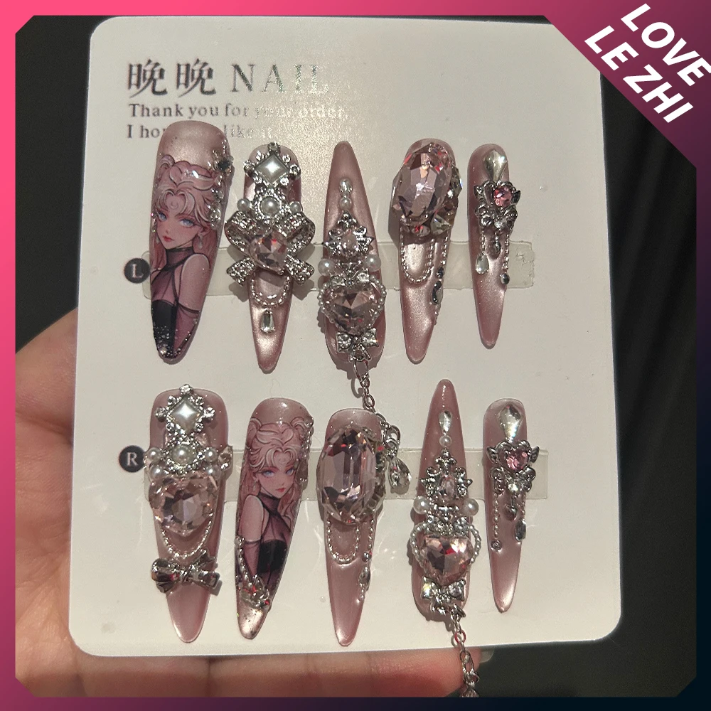 

Spice Girl Luxury Shining Rhinestone Handmade Long Stiletto Reusable Press On Nails Cat Eyes Pearl Butterfly Bowknot False Nails