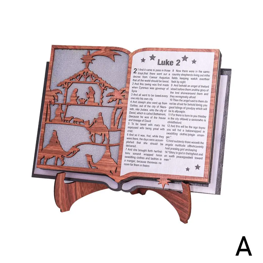 Estatuilla de Belén de Navidad, soporte de madera, libro, decoración de la Biblia, LED para el hogar con artesanía creativa, arte ligero festivo, atmósfera de madera T9W7