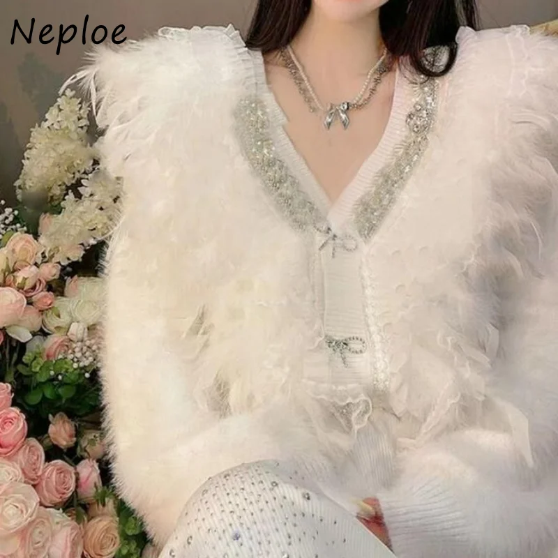 Neploe V Neck Beading Diamonds Feather Patchwork Outerwear Vintage Sweater Jacket Long Sleeve Bowknot Single-breasted Cardigans