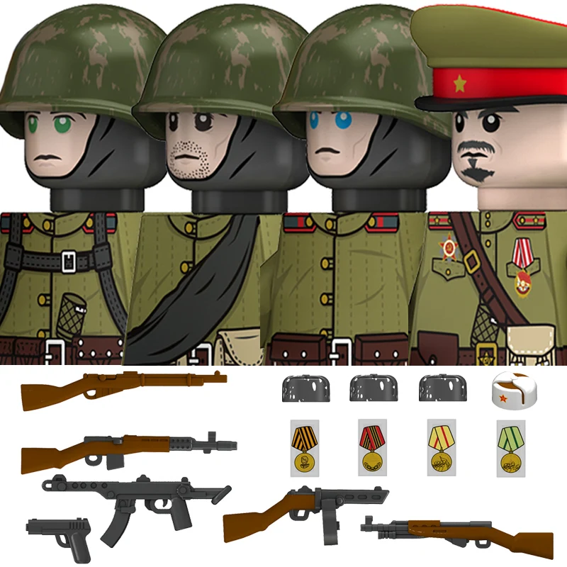 Military WW2 Russia Soldiers Figures Building Blocks Army Infantry Soviet Union Warrior Officer Military Weapons Bricks Toys Kid