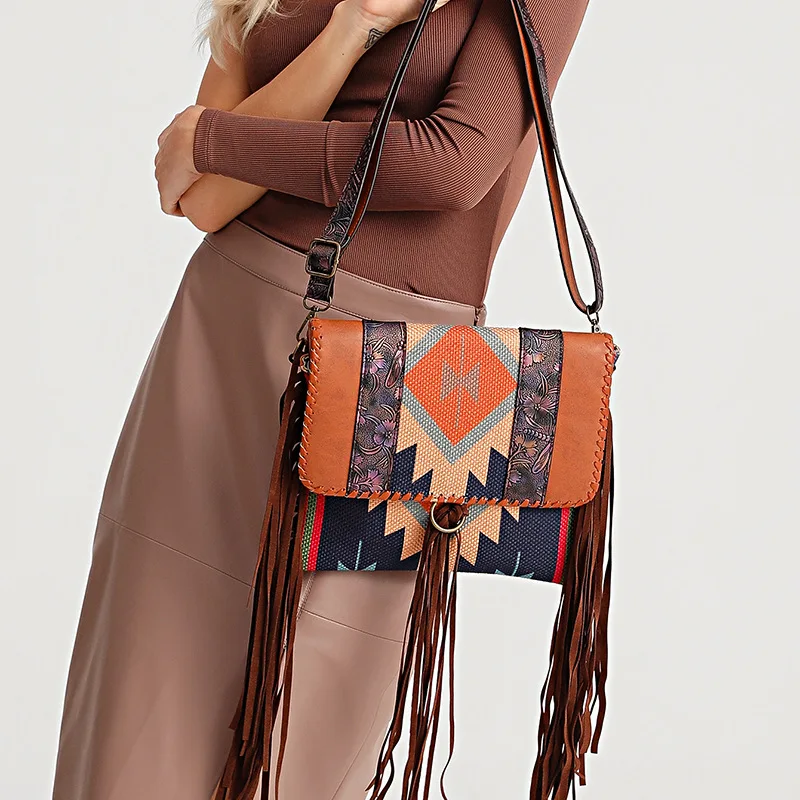 PU Leather Pacthwork Colors Fringe Tassel Bohemian Bag Bags Women\'s Handbags Women Shoulder Crossbody Messenger Bag